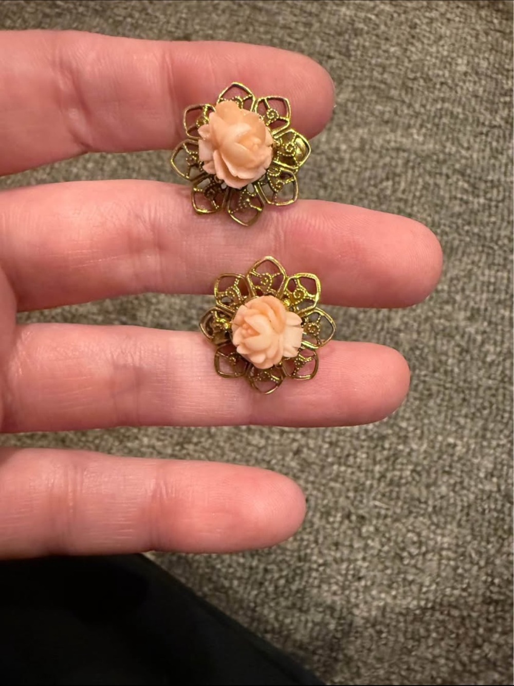 Vintage Gold Filigree 1928 Co. Floral Stud Earrings with Peach Rose Centers